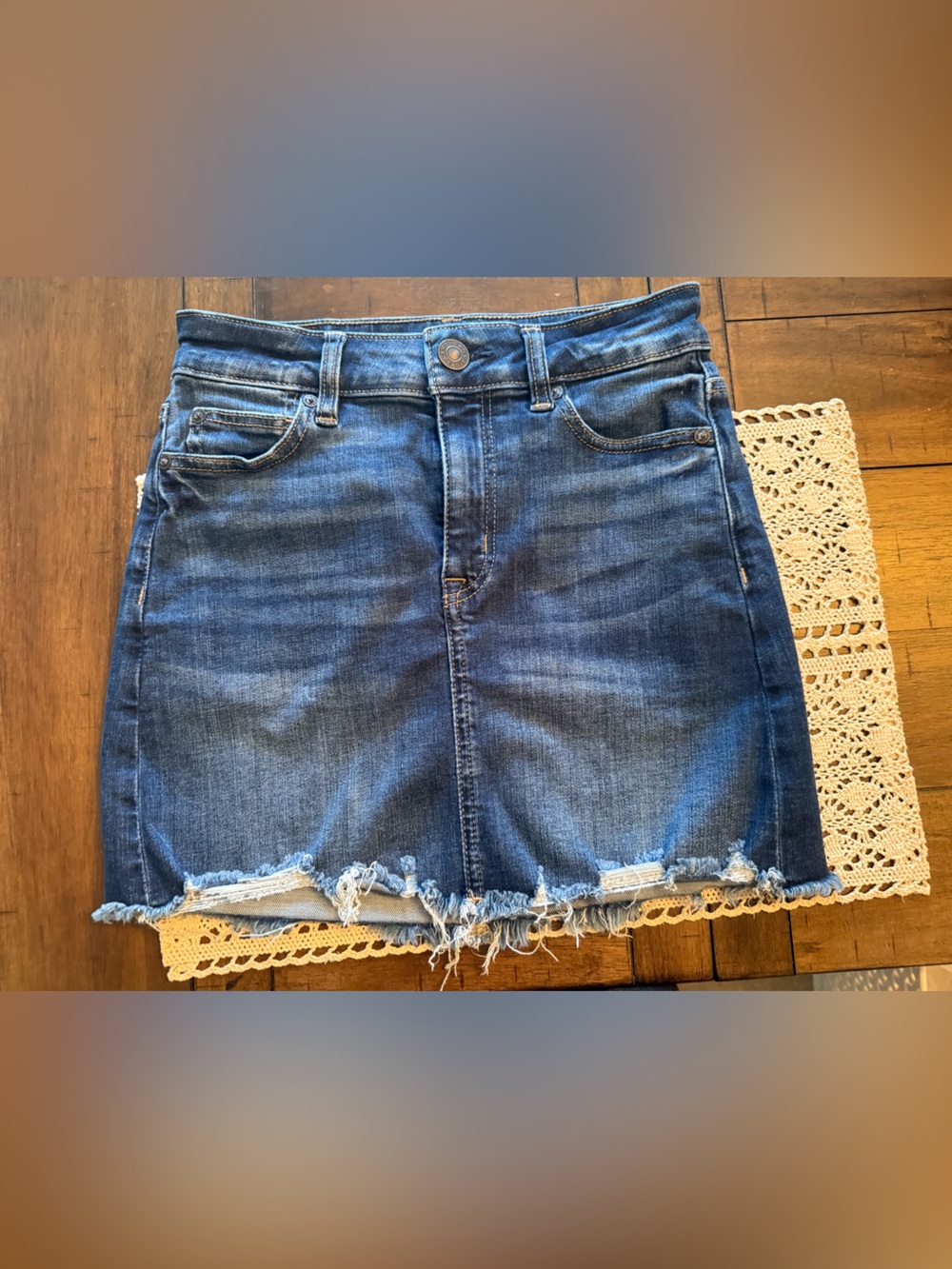 American Eagle Outfitters Blue Denim Skirt with Leather Patch